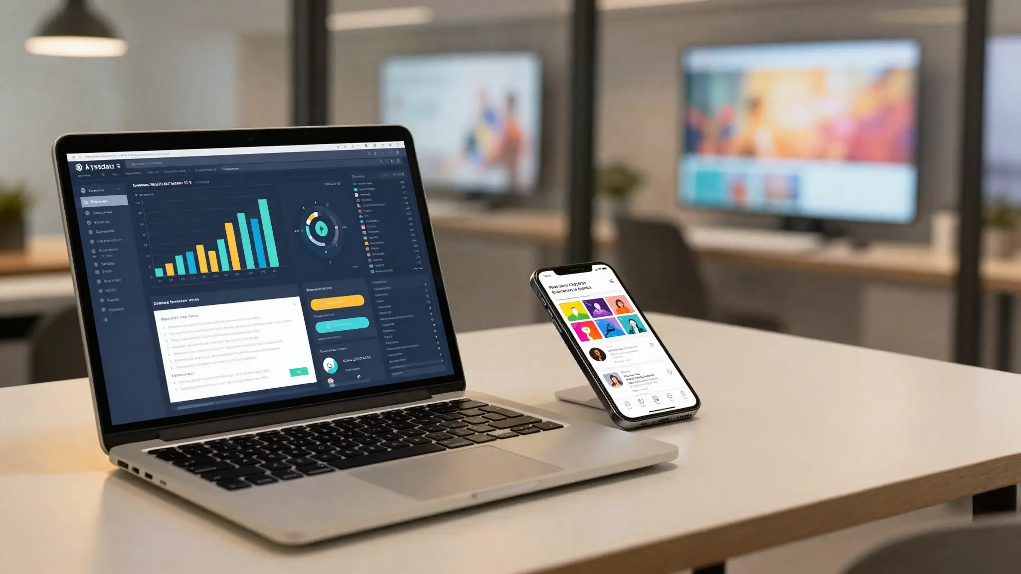 مساحة عمل حديثة للإعلان والتسويق الرقمي مع لوحة تحليلات على حاسوب محمول وهاتف يعرض حملة إعلانية